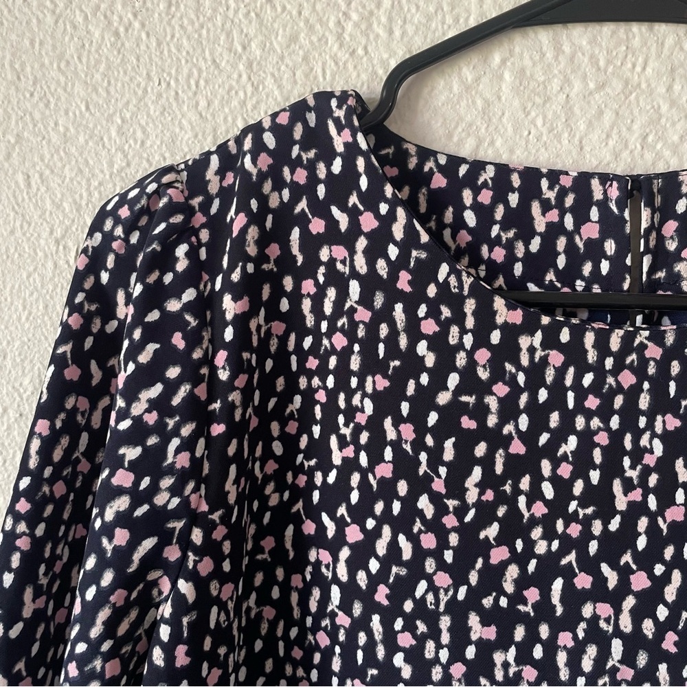 Ann Taylor Shift Dress Women’s 4 Multicolor Spots Relaxed Ruched Cuff Round Neck - Picture 5 of 14